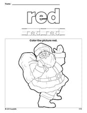 Free Christmas Santa color red coloring page and color worksheet, red worksheet for preschoolers to learn colors, printable PDF