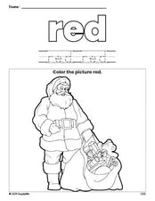 Free Christmas Santa color red coloring page and color worksheet, red worksheet for preschoolers to learn colors, printable PDF