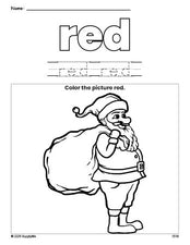 Free Christmas Santa color red coloring page and color worksheet, red worksheet for preschoolers to learn colors, printable PDF