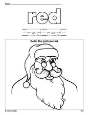 Free Christmas Santa color red coloring page and color worksheet, red worksheet for preschoolers to learn colors, printable PDF