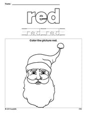 Free Christmas Santa color red coloring page and color worksheet, red worksheet for preschoolers to learn colors, printable PDF