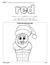 Free Christmas Santa color red coloring page and color worksheet, red worksheet for preschoolers to learn colors, printable PDF