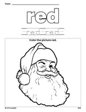 Free Christmas Santa color red coloring page and color worksheet, red worksheet for preschoolers to learn colors, printable PDF