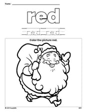 Free Christmas Santa color red coloring page and color worksheet, red worksheet for preschoolers to learn colors, printable PDF