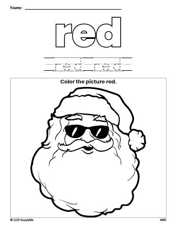 Free Christmas Santa color red coloring page and color worksheet, red worksheet for preschoolers to learn colors, printable PDF