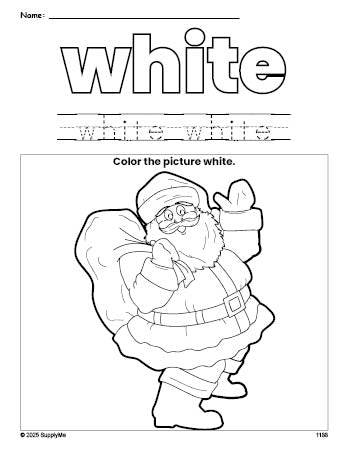 Free Christmas Santa color white coloring page and color worksheet, white worksheet for preschoolers to learn colors, printable PDF