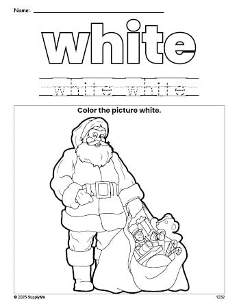 Free Christmas Santa color white coloring page and color worksheet, white worksheet for preschoolers to learn colors, printable PDF