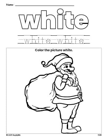 Free Christmas Santa color white coloring page and color worksheet, white worksheet for preschoolers to learn colors, printable PDF