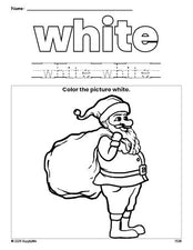 Free Christmas Santa color white coloring page and color worksheet, white worksheet for preschoolers to learn colors, printable PDF