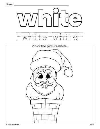 Free Christmas Santa color white coloring page and color worksheet, white worksheet for preschoolers to learn colors, printable PDF