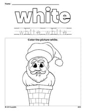 Free Christmas Santa color white coloring page and color worksheet, white worksheet for preschoolers to learn colors, printable PDF