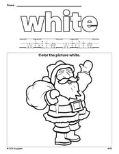 Free Christmas Santa color white coloring page and color worksheet, white worksheet for preschoolers to learn colors, printable PDF