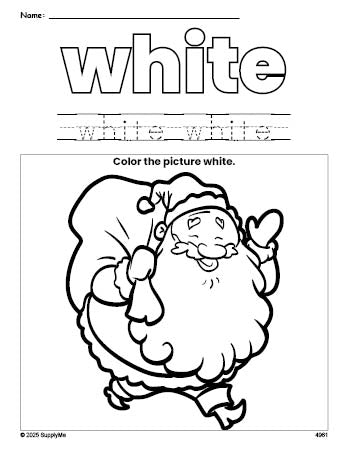 Free Christmas Santa color white coloring page and color worksheet, white worksheet for preschoolers to learn colors, printable PDF