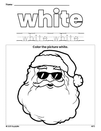 Free Christmas Santa color white coloring page and color worksheet, white worksheet for preschoolers to learn colors, printable PDF