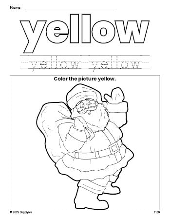 Free Christmas Santa color yellow coloring page and color worksheet, yellow worksheet for preschoolers to learn colors, printable PDF