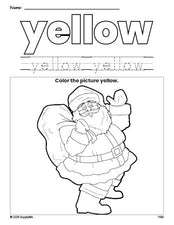 Free Christmas Santa color yellow coloring page and color worksheet, yellow worksheet for preschoolers to learn colors, printable PDF