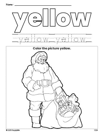 Free Christmas Santa color yellow coloring page and color worksheet, yellow worksheet for preschoolers to learn colors, printable PDF