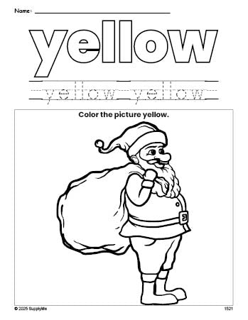 Free Christmas Santa color yellow coloring page and color worksheet, yellow worksheet for preschoolers to learn colors, printable PDF