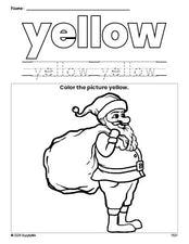 Free Christmas Santa color yellow coloring page and color worksheet, yellow worksheet for preschoolers to learn colors, printable PDF