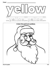 Free Christmas Santa color yellow coloring page and color worksheet, yellow worksheet for preschoolers to learn colors, printable PDF