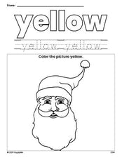 Free Christmas Santa color yellow coloring page and color worksheet, yellow worksheet for preschoolers to learn colors, printable PDF