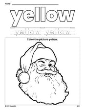 Free Christmas Santa color yellow coloring page and color worksheet, yellow worksheet for preschoolers to learn colors, printable PDF