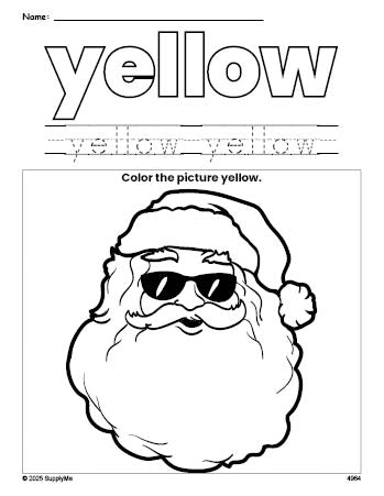 Free Christmas Santa color yellow coloring page and color worksheet, yellow worksheet for preschoolers to learn colors, printable PDF