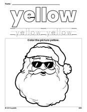 Free Christmas Santa color yellow coloring page and color worksheet, yellow worksheet for preschoolers to learn colors, printable PDF