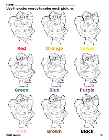 Free Christmas Santa coloring page and color worksheet for preschoolers to learn colors, printable PDF