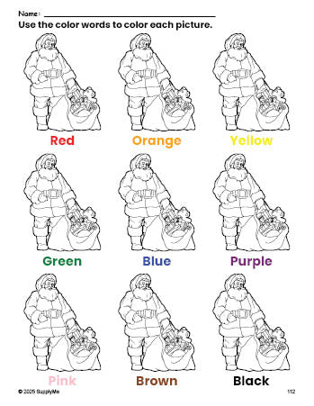 Free Christmas Santa coloring page and color worksheet for preschoolers to learn colors, printable PDF