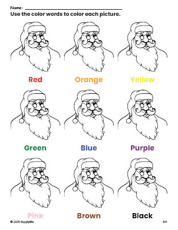 Free Christmas Santa coloring page and color worksheet for preschoolers to learn colors, printable PDF