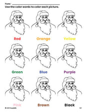 Free Christmas Santa coloring page and color worksheet for preschoolers to learn colors, printable PDF