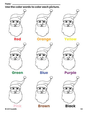 Free Christmas Santa coloring page and color worksheet for preschoolers to learn colors, printable PDF