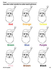 Free Christmas Santa coloring page and color worksheet for preschoolers to learn colors, printable PDF