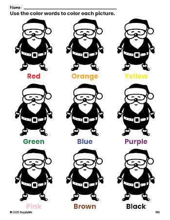 Free Christmas Santa coloring page and color worksheet for preschoolers to learn colors, printable PDF