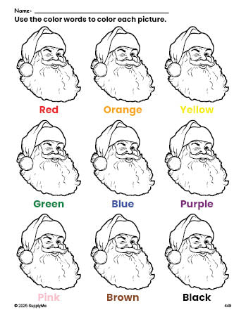 Free Christmas Santa coloring page and color worksheet for preschoolers to learn colors, printable PDF