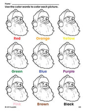 Free Christmas Santa coloring page and color worksheet for preschoolers to learn colors, printable PDF