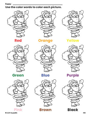 Free Christmas Santa coloring page and color worksheet for preschoolers to learn colors, printable PDF