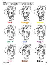 Free Christmas Santa coloring page and color worksheet for preschoolers to learn colors, printable PDF