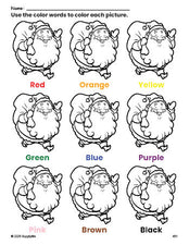 Free Christmas Santa coloring page and color worksheet for preschoolers to learn colors, printable PDF