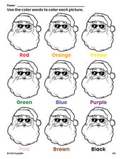 Free Christmas Santa coloring page and color worksheet for preschoolers to learn colors, printable PDF