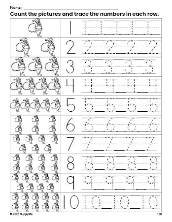 Free printable Christmas Santa counting worksheet for preschool and pre-k with number tracing practice 1-10, PDF