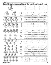 Free printable Christmas Santa counting worksheet for preschool and pre-k with number tracing practice 1-10, PDF