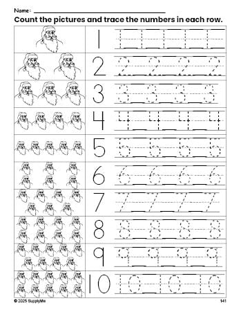 Free printable Christmas Santa counting worksheet for preschool and pre-k with number tracing practice 1-10, PDF