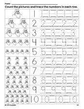 Free printable Christmas Santa counting worksheet for preschool and pre-k with number tracing practice 1-10, PDF