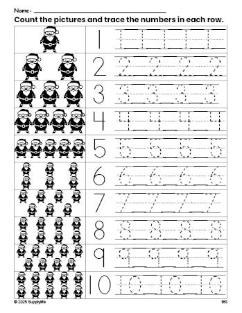 Free printable Christmas Santa counting worksheet for preschool and pre-k with number tracing practice 1-10, PDF