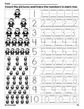 Free printable Christmas Santa counting worksheet for preschool and pre-k with number tracing practice 1-10, PDF