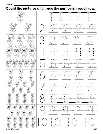 Free printable Christmas Santa counting worksheet for preschool and pre-k with number tracing practice 1-10, PDF