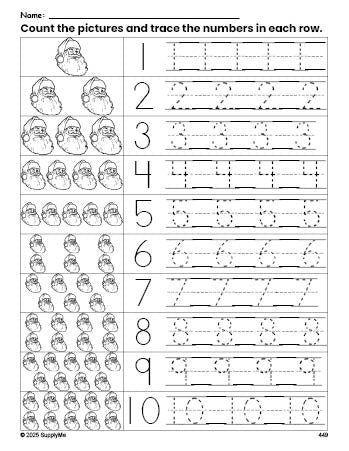 Free printable Christmas Santa counting worksheet for preschool and pre-k with number tracing practice 1-10, PDF