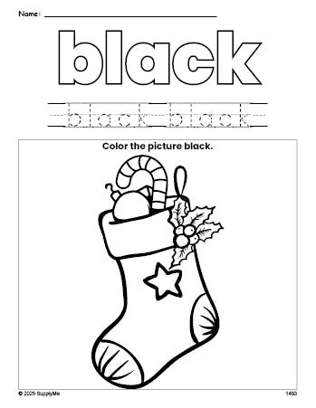 Free Christmas stocking color black coloring page and color worksheet, black worksheet for preschoolers to learn colors, printable PDF